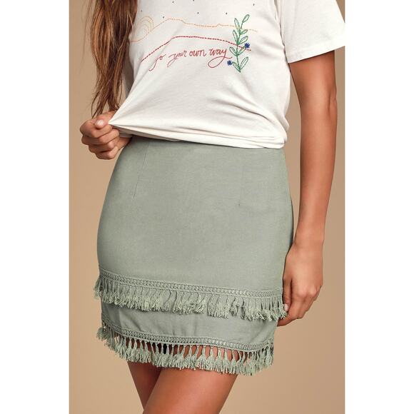 Lulus Dresses & Skirts - Lulus Sekera Sage Green Tassel Trim Mini Skirt Size Small Linen Look Boho
